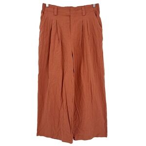 Womens Wide Leg Crop Gauzy Cotton Elastic Waist High Rise Pleated‎ Pants Size L